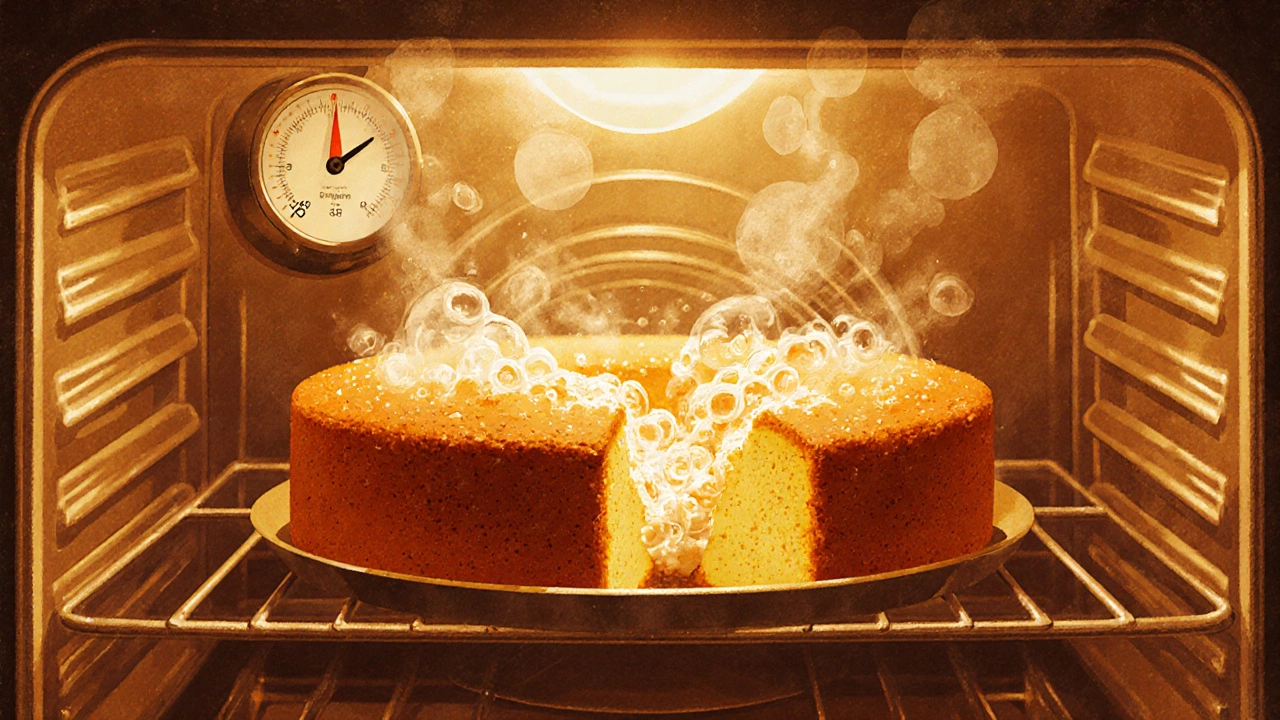 A cake collapsing in the oven, air bubbles bursting as the center falls.