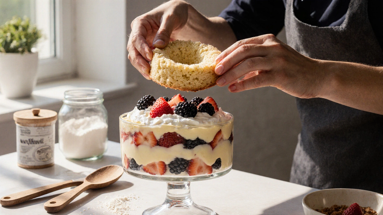 A sunken cake transformed into a layered trifle with berries and whipped cream.