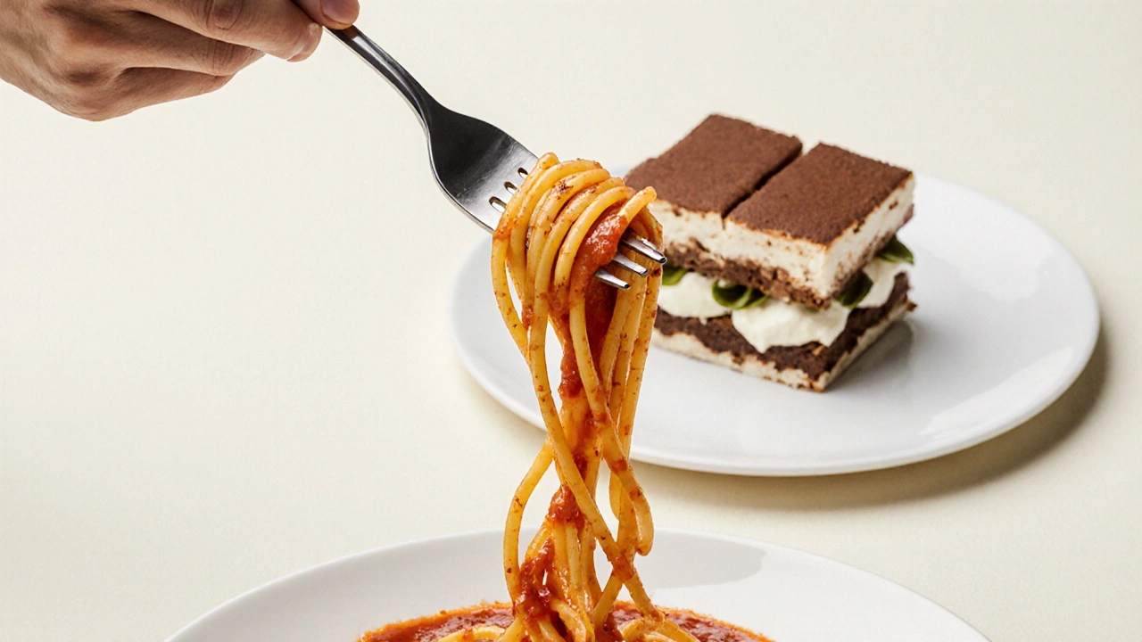 Al dente spaghetti and layered tiramisu displayed with fork‑and‑spoon technique.