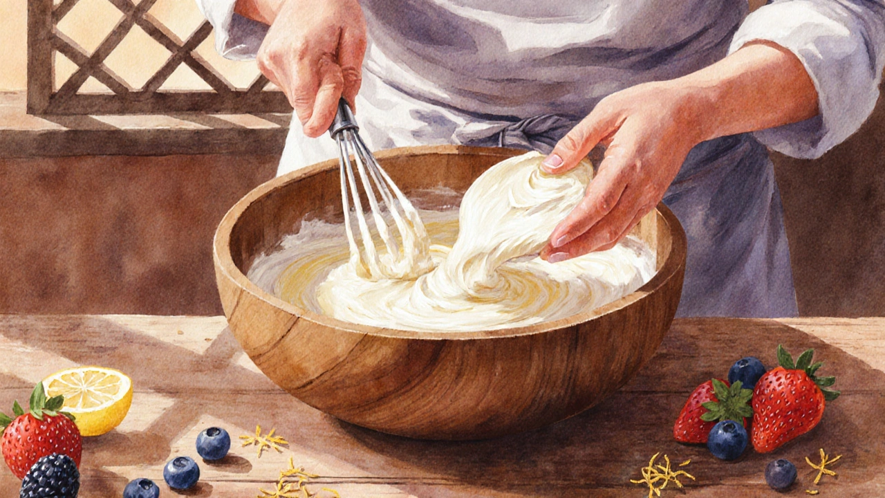 Baker folding a half‑cream, half‑sour‑cream batter in a rustic kitchen.