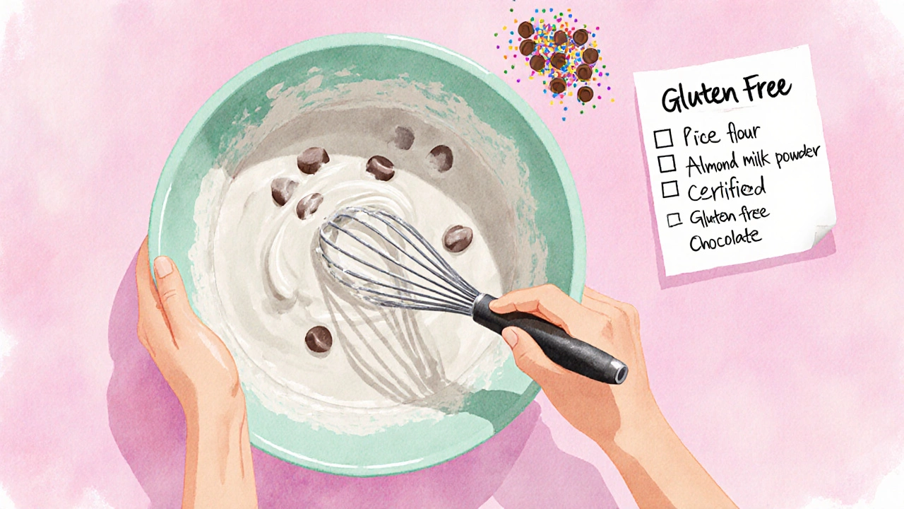 Baker mixing gluten‑free cake batter with flour blend, almond milk, and chocolate chips in a pastel kitchen.