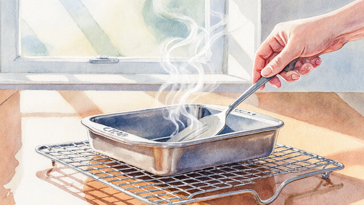Brownie pan on a cooling rack with sunlight and steam.