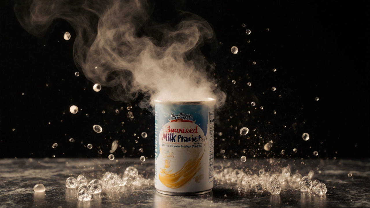 Can of evaporated milk with abstract sugar crystals and fat molecules rising around it.