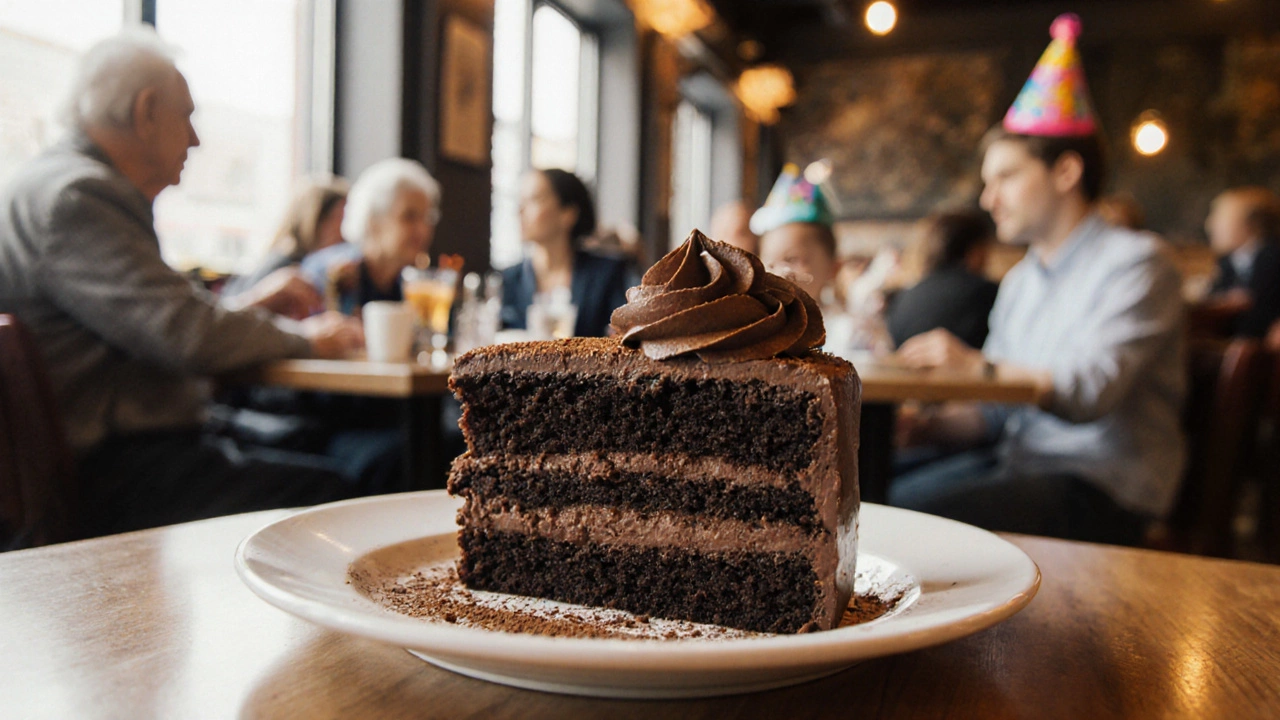 Close-up of a chocolate cake slice with diverse people enjoying it.