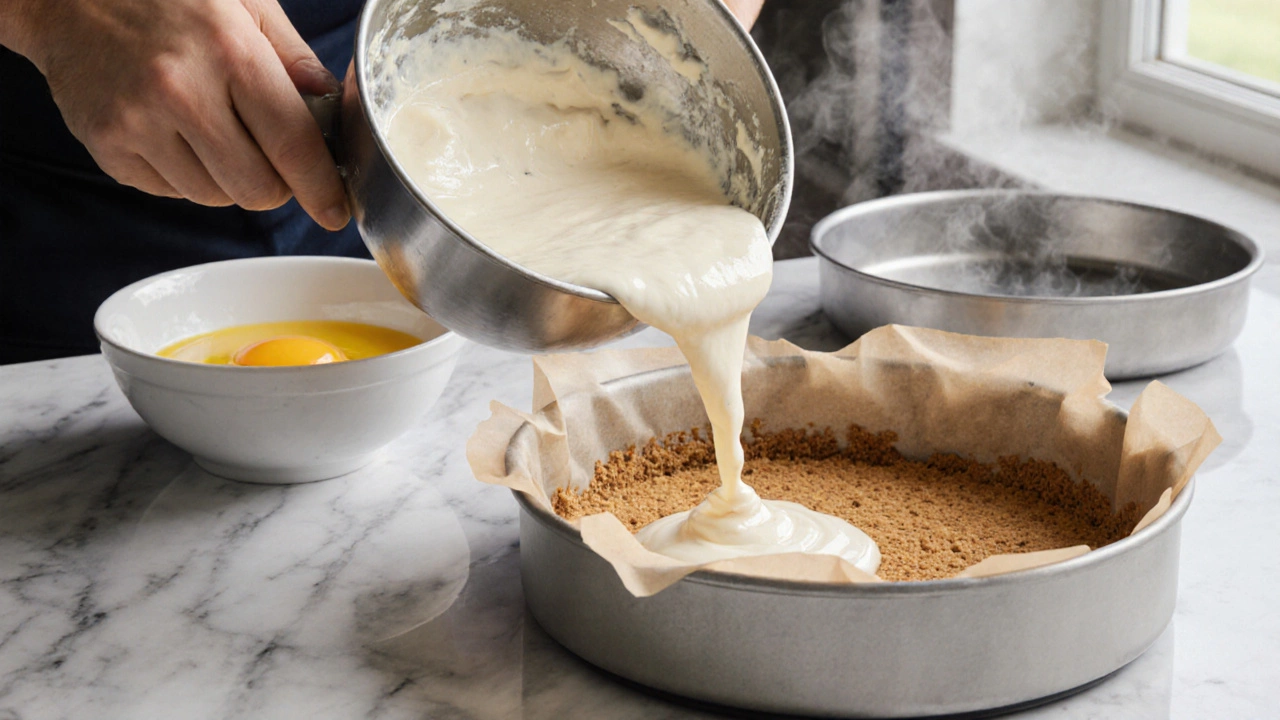 Close‑up of baker mixing ingredients and pouring batter onto a graham cracker crust.