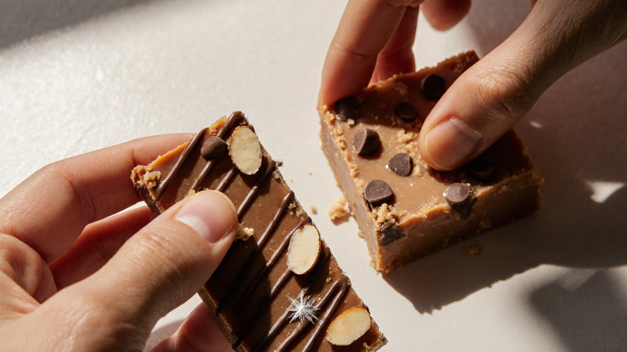 Close‑up of hands testing snap of toffee and soft press of fudge.