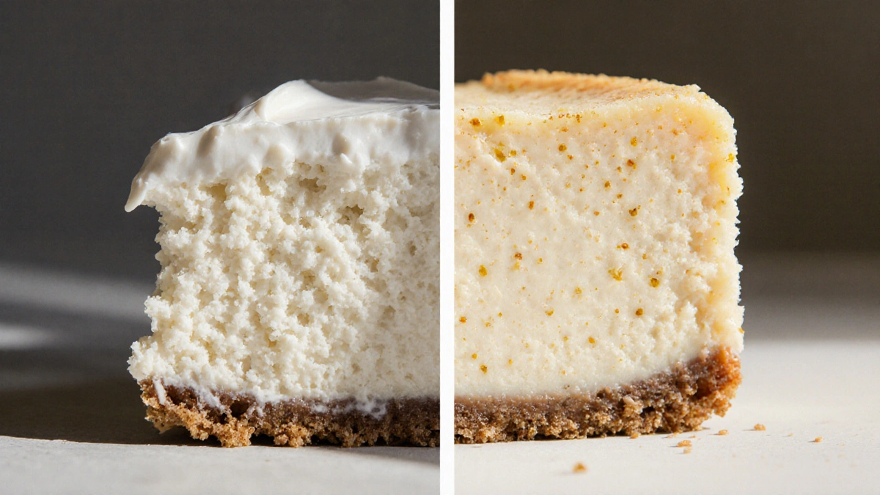 Close‑up of two cheesecake slices showing airy cream versus denser sour‑cream texture.