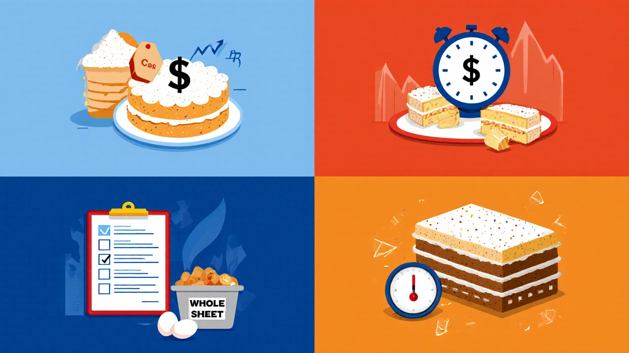 Collage illustrating cost pressure, waste, space, and regulations behind the cake removal.