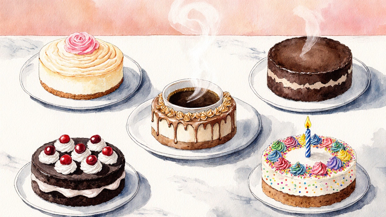 Collage of Japanese cheesecake, coffee cake, Black Forest, and birthday cake.