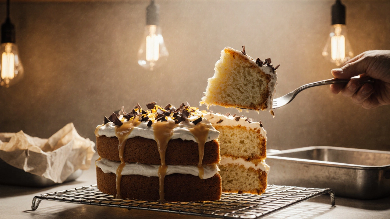 Digital art of a frosted gluten‑free birthday cake with a slice showing moist crumb.