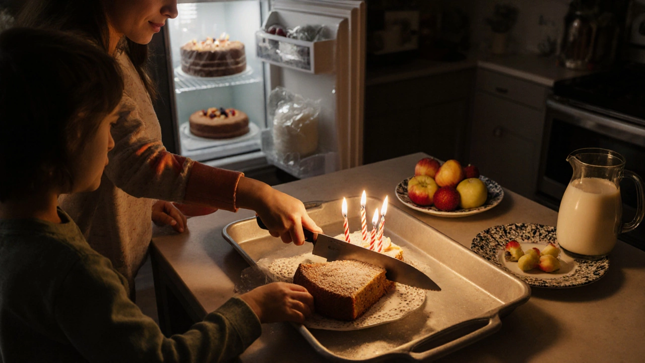 Family cutting a whole sheet cake into half‑sheet portions for a celebration.