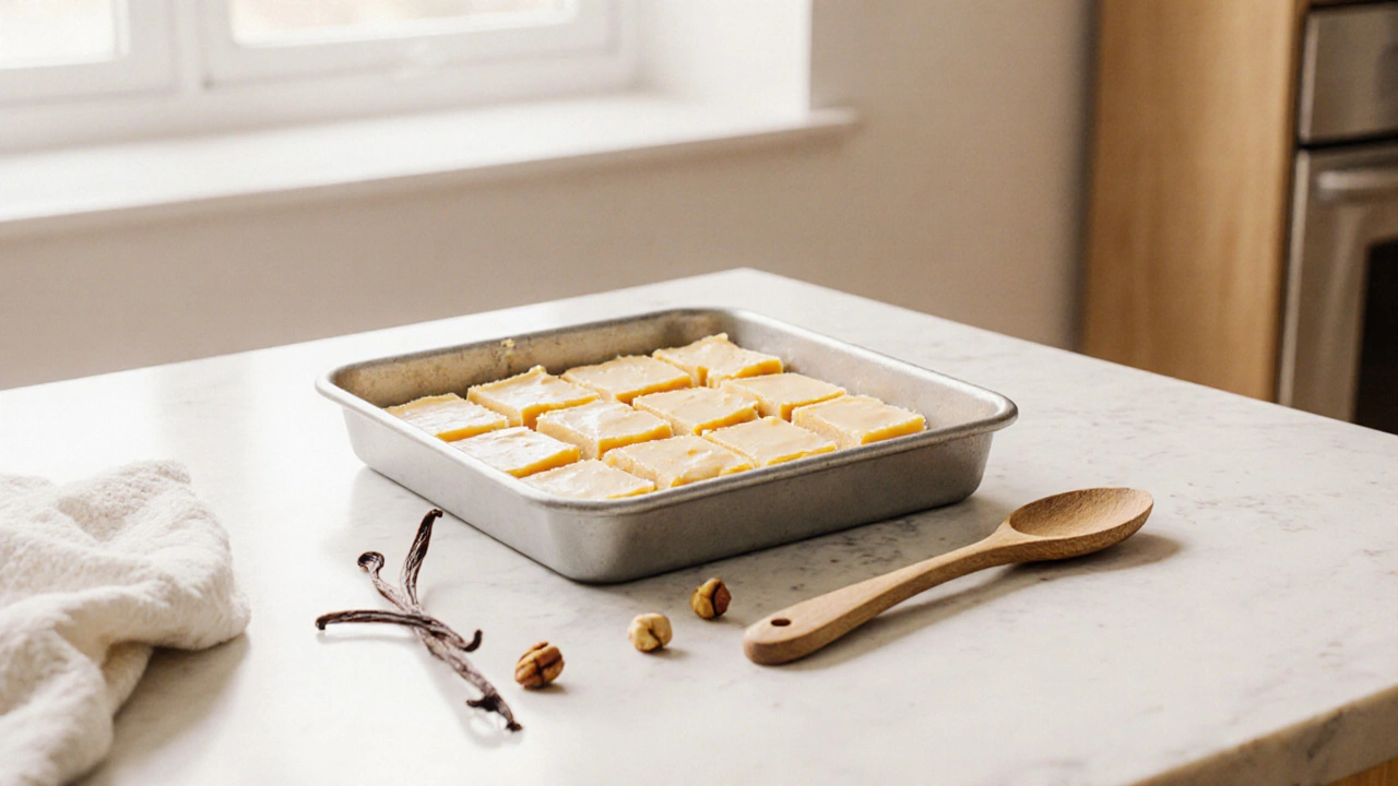 Freshly set fudge squares on a pan with kitchen tools, bathed in natural light.