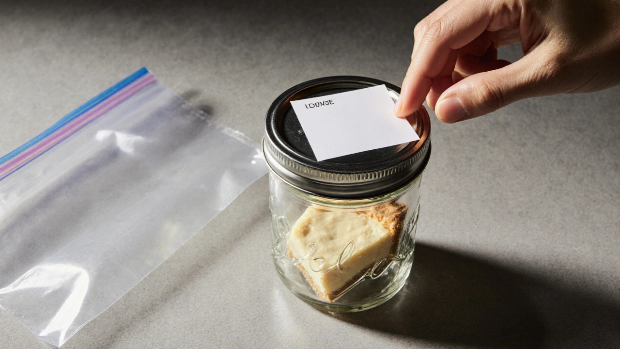 Hand labeling a glass jar of quiche and placing it in a freezer bag on a countertop.
