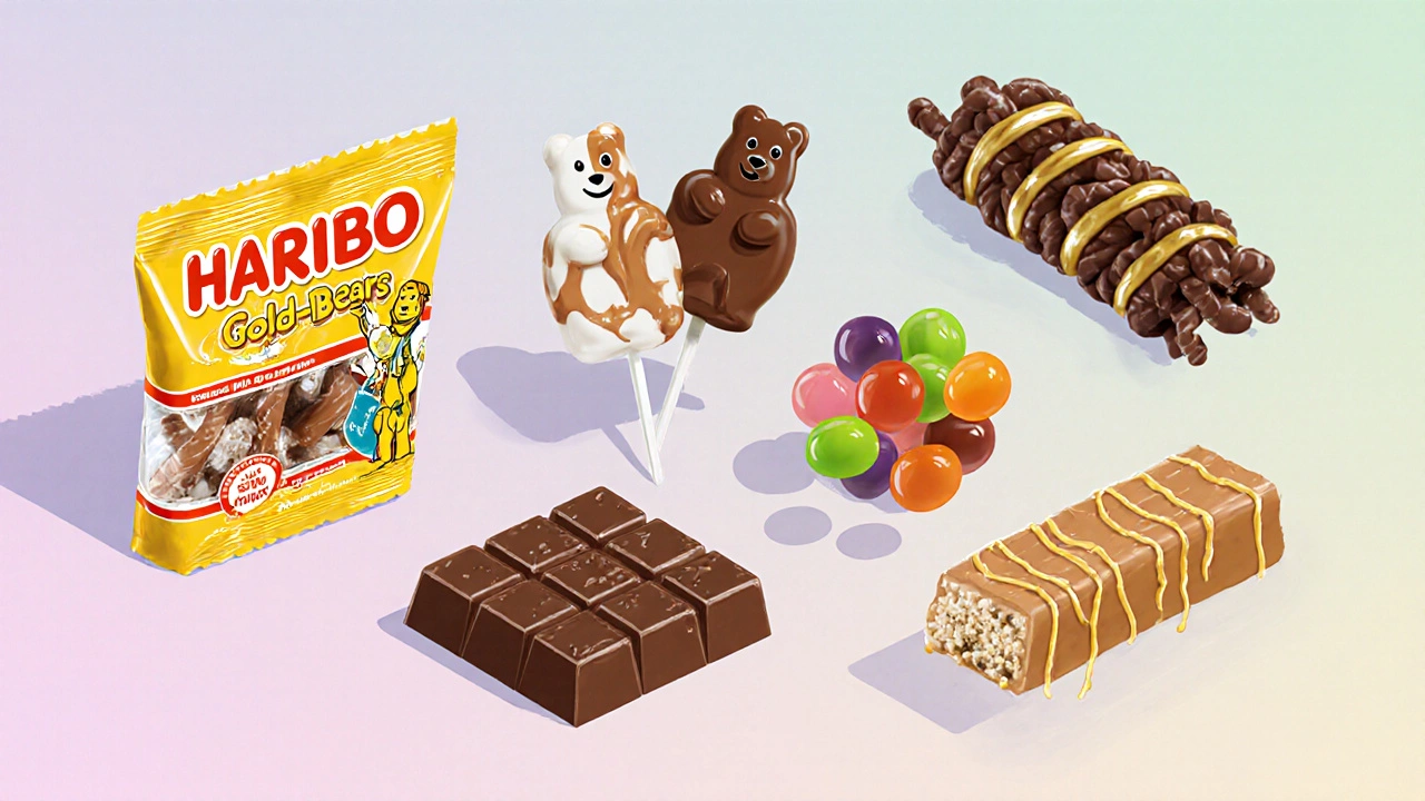 Illustrated lineup of non‑vegan candies showing gelatin gummy bears, chocolate marshmallows, caramel, licorice, jelly beans, honey chocolate, and nougat bar.