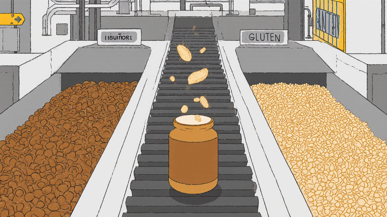Illustration of a factory line showing peanuts and wheat with gluten particles crossing into peanut butter.