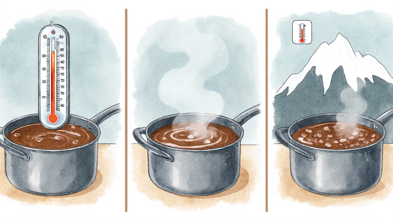 Illustration of undercooked syrup, humid kitchen, and high‑altitude cooking issues.
