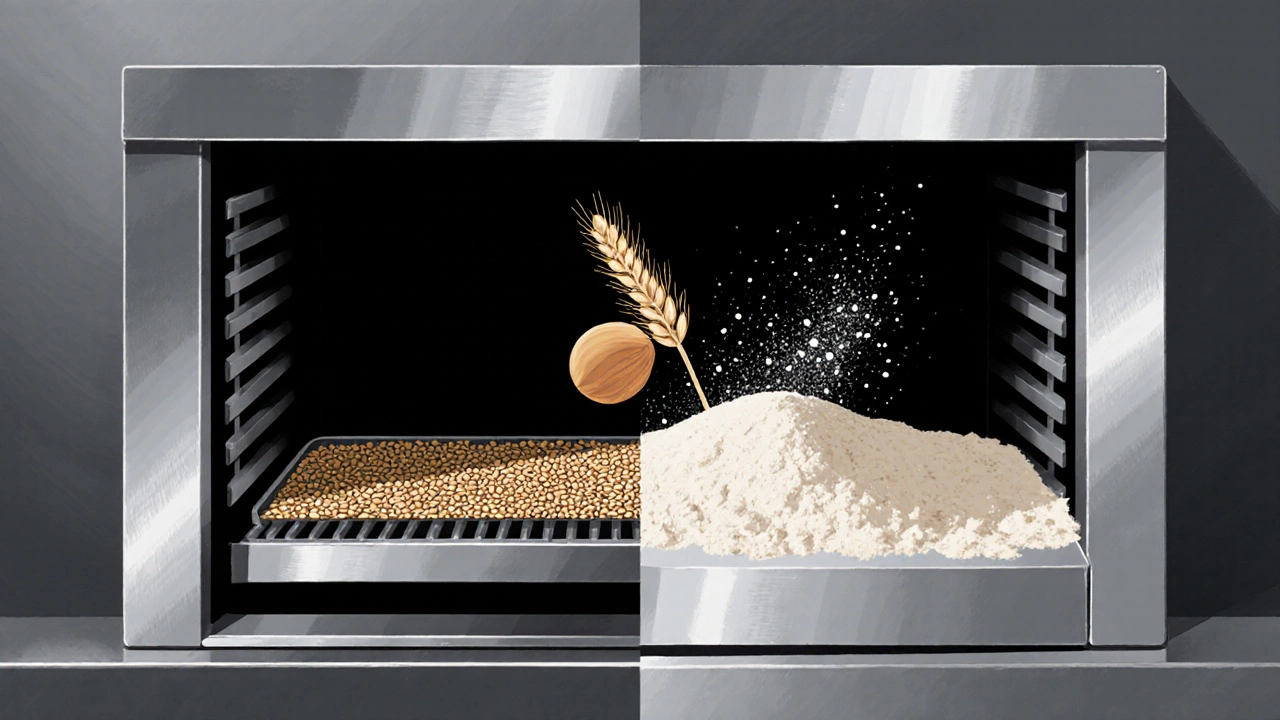 Illustration showing a factory oven processing both sesame seeds and wheat, indicating cross‑contamination.