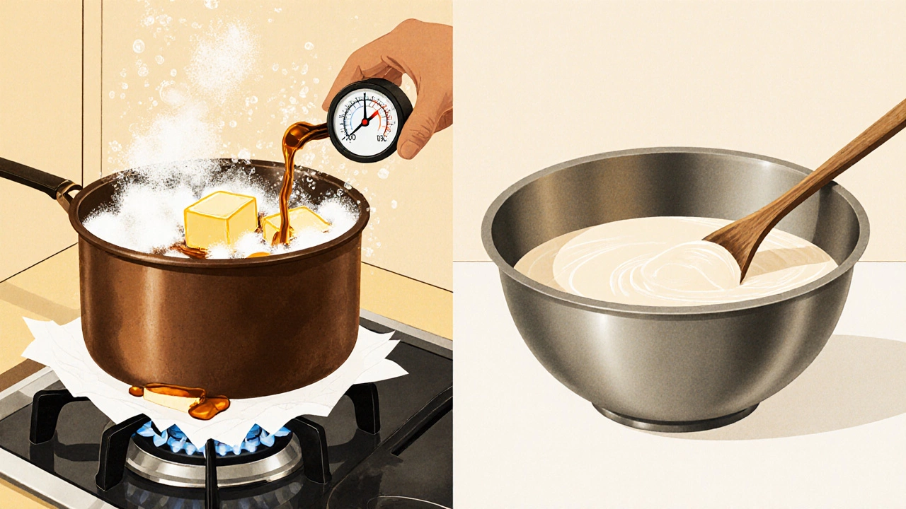 Kitchen illustration of toffee being poured and fudge being beaten.