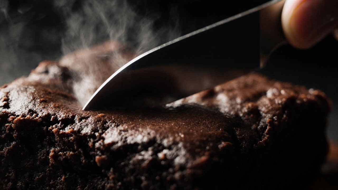Knife cutting a rested brownie, showing crisp slice and interior.
