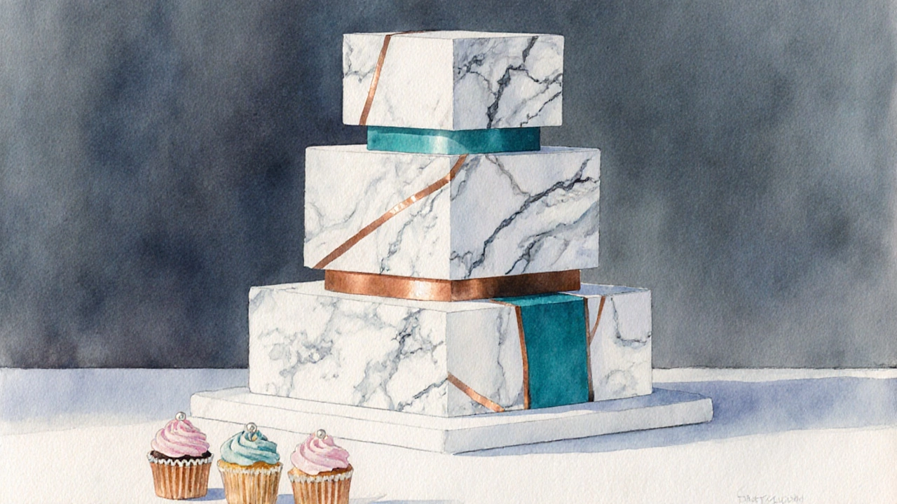 Modern geometric marble cake with gold accents and cupcake alternatives.