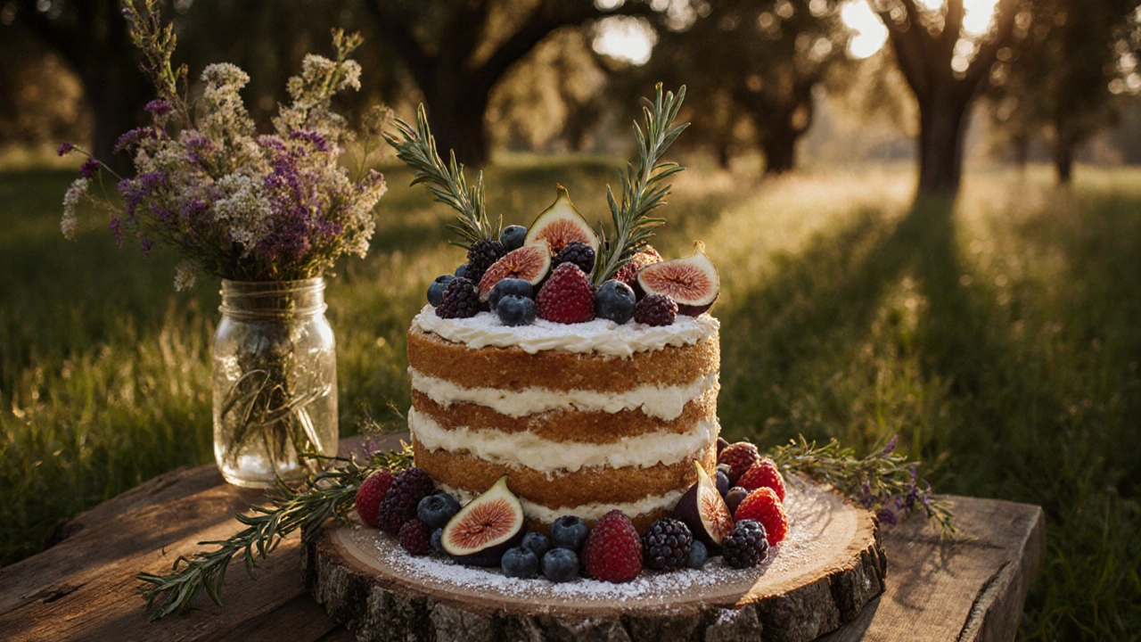 Naked vanilla‑lavender cake topped with fresh berries and herbs outdoors.