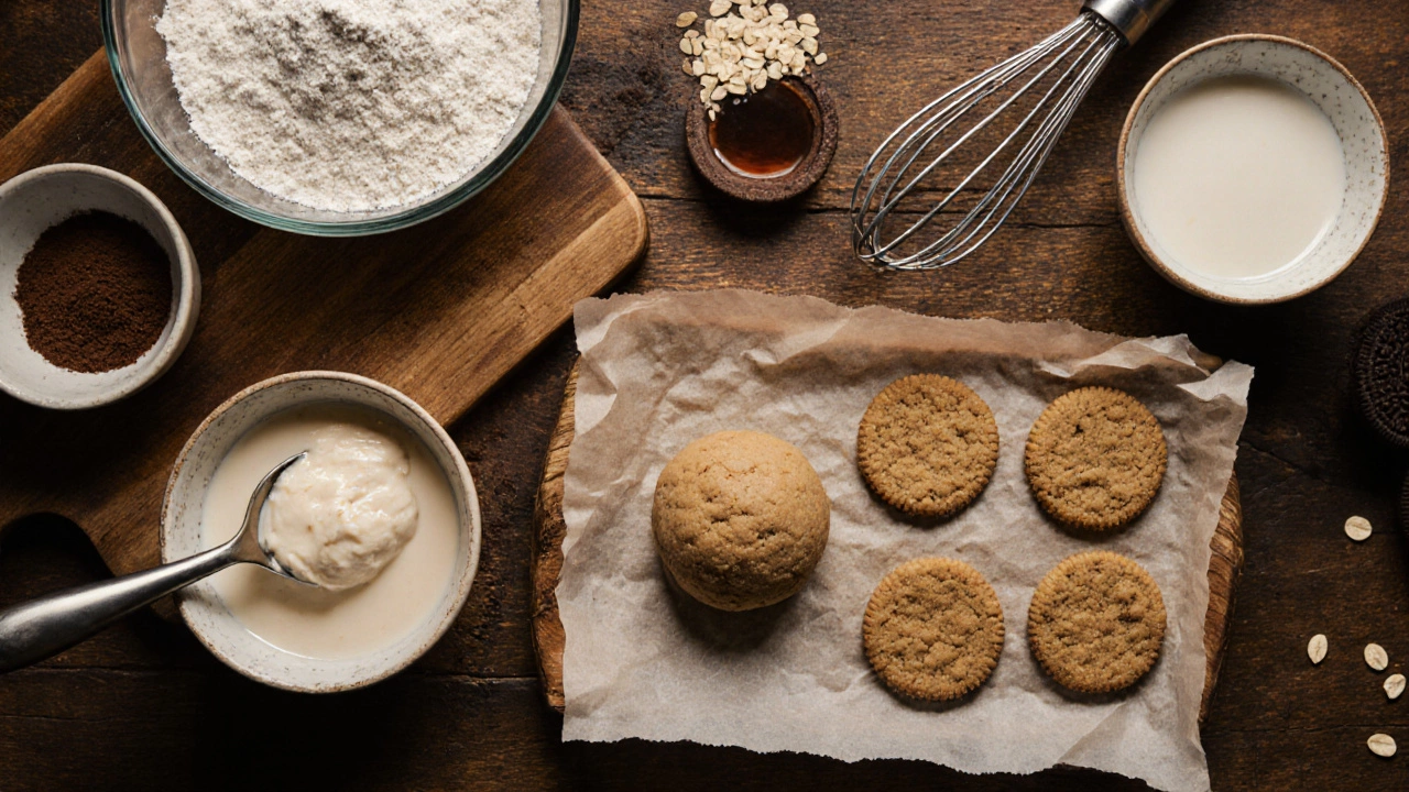 Overhead view of ingredients and steps for making homemade vegan Oreo cookies.