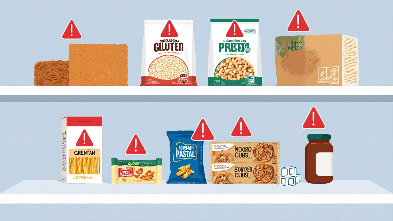Pantry shelf showing processed foods that contain gluten, each marked with warning icons.