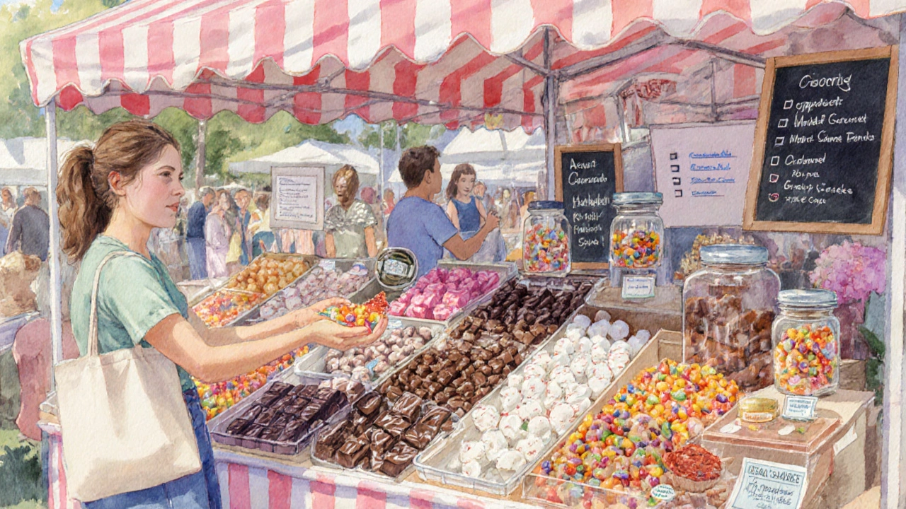 Pastel market stall displaying vegan gummies, chocolates, marshmallows, and caramels with a shopper picking them.
