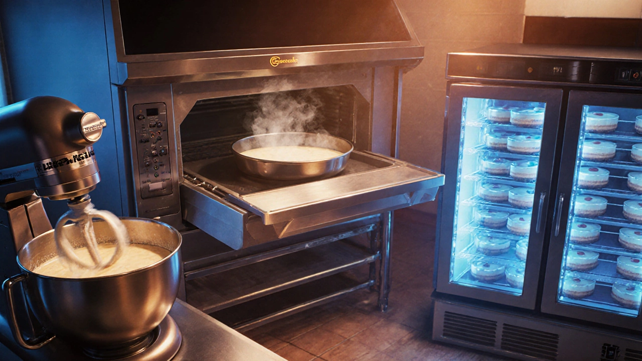 Professional kitchen showing mixers, a water‑bath oven, and a blast chiller used for cheesecake production.