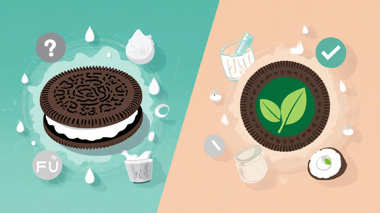 Side‑by‑side illustration comparing classic Oreo ingredients with vegan Oreo icons.