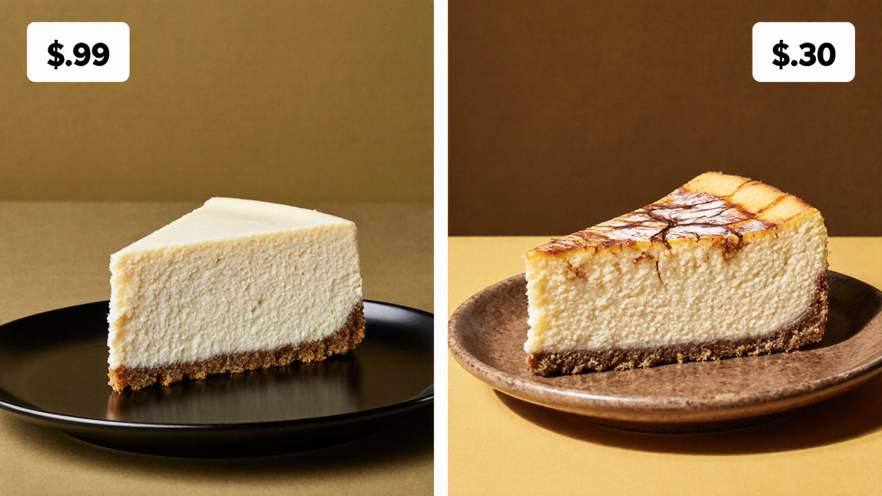 Side‑by‑side view of a smooth restaurant cheesecake slice versus a slightly cracked homemade slice.