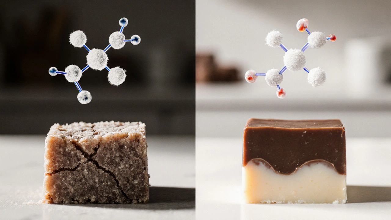 Split-screen of grainy vs. smooth fudge with molecular structures floating above.