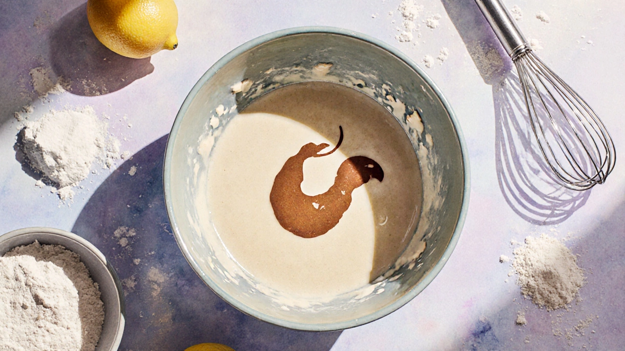Top‑down view of a baker mixing tahini into batter for a gluten‑free cake.