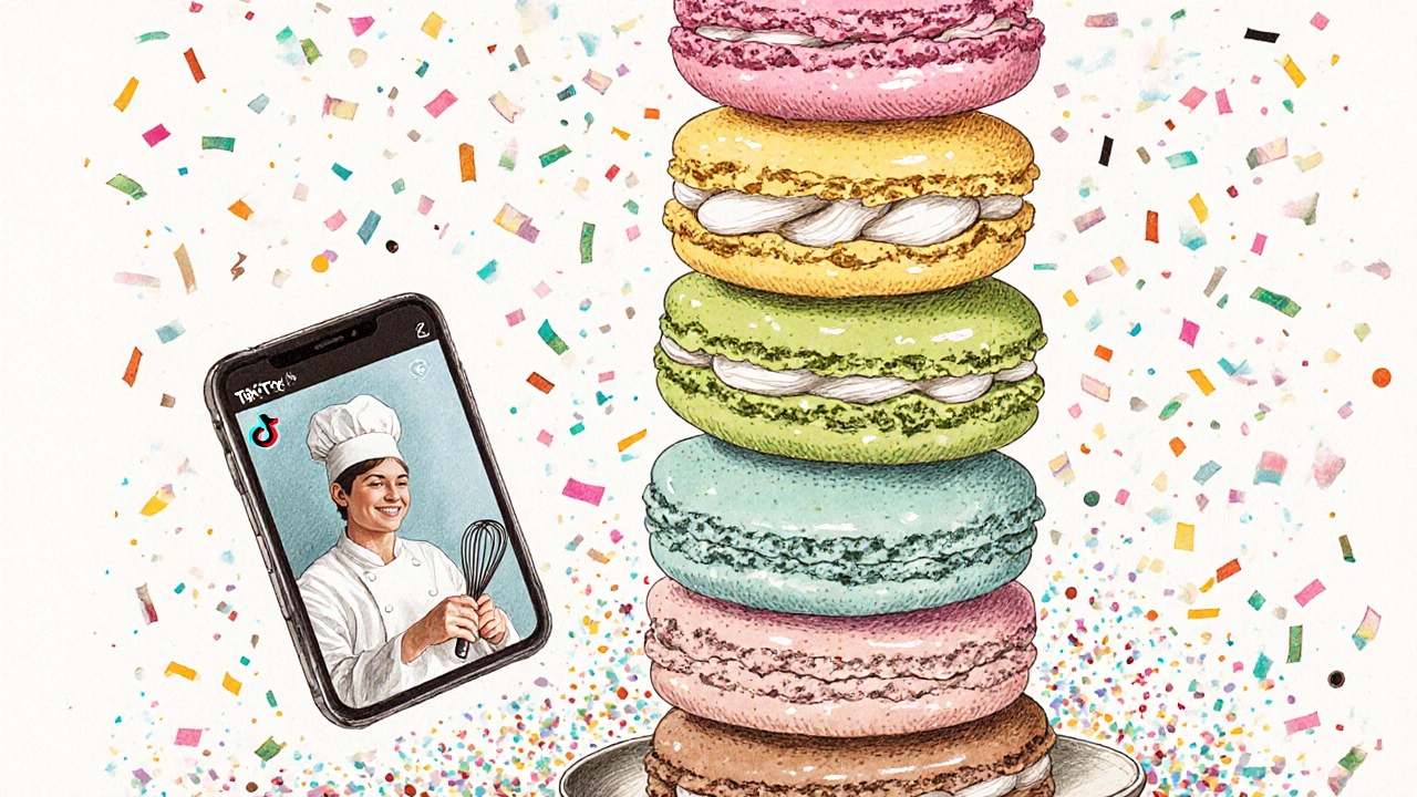 Vintage drawing of a colorful macaron tower and a chef using aquafaba.