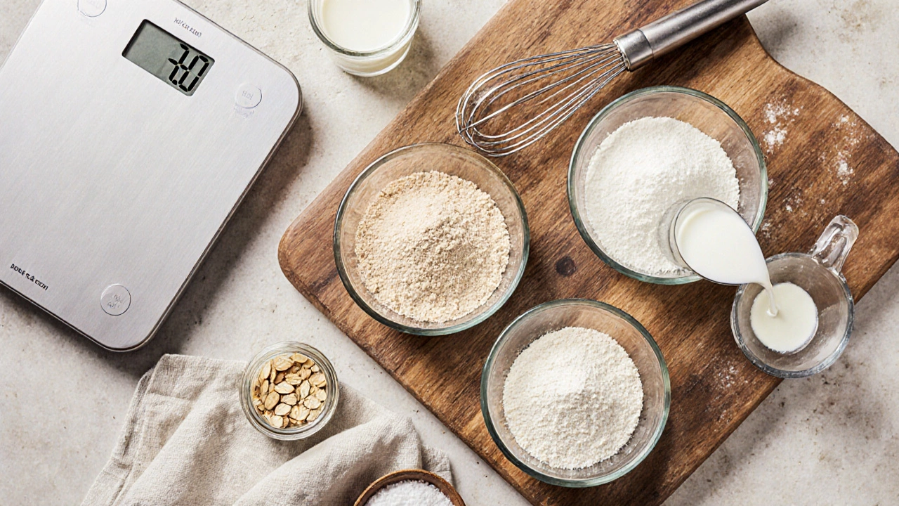 Watercolor flat lay of almond, rice, oat flours, tapioca starch, and xanthan gum on a countertop.