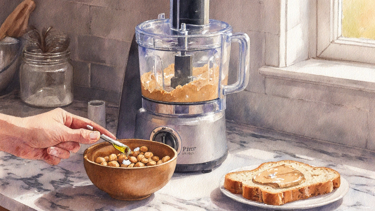 Watercolor kitchen scene of making homemade peanut butter with roasted peanuts and a food processor.