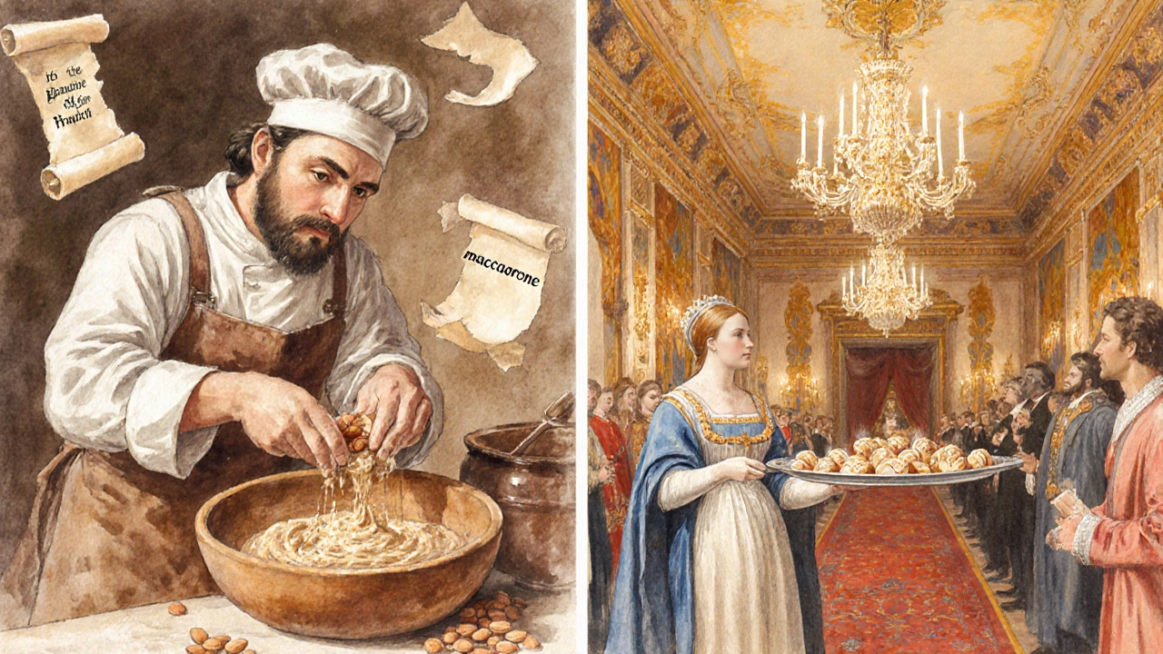 Watercolor of an Italian kitchen and French court showing almond sweets.