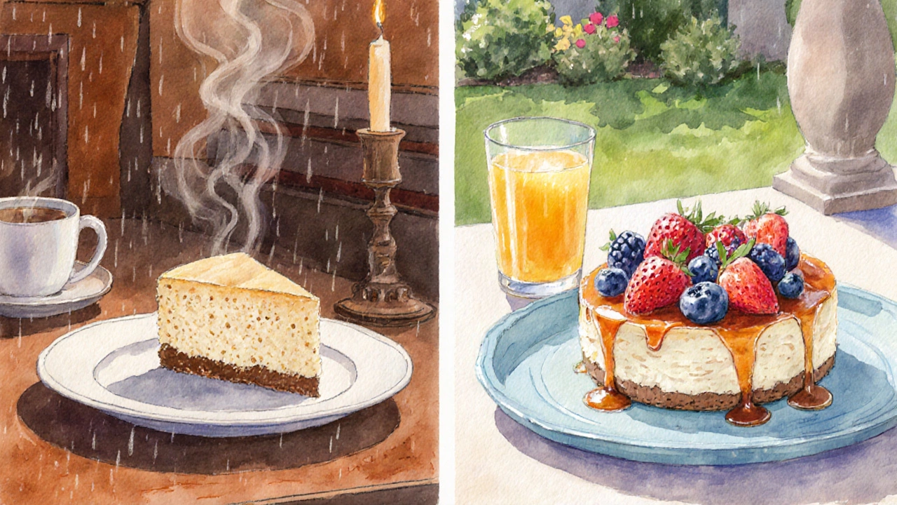 Watercolor of baked cheesecake in a rainy indoor setting and no‑bake cheesecake at a sunny brunch.