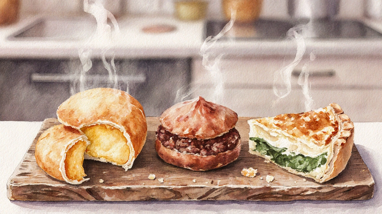 Watercolor platter displaying cheese pastry, meat empanada, vegetable samosa, and quiche slice.