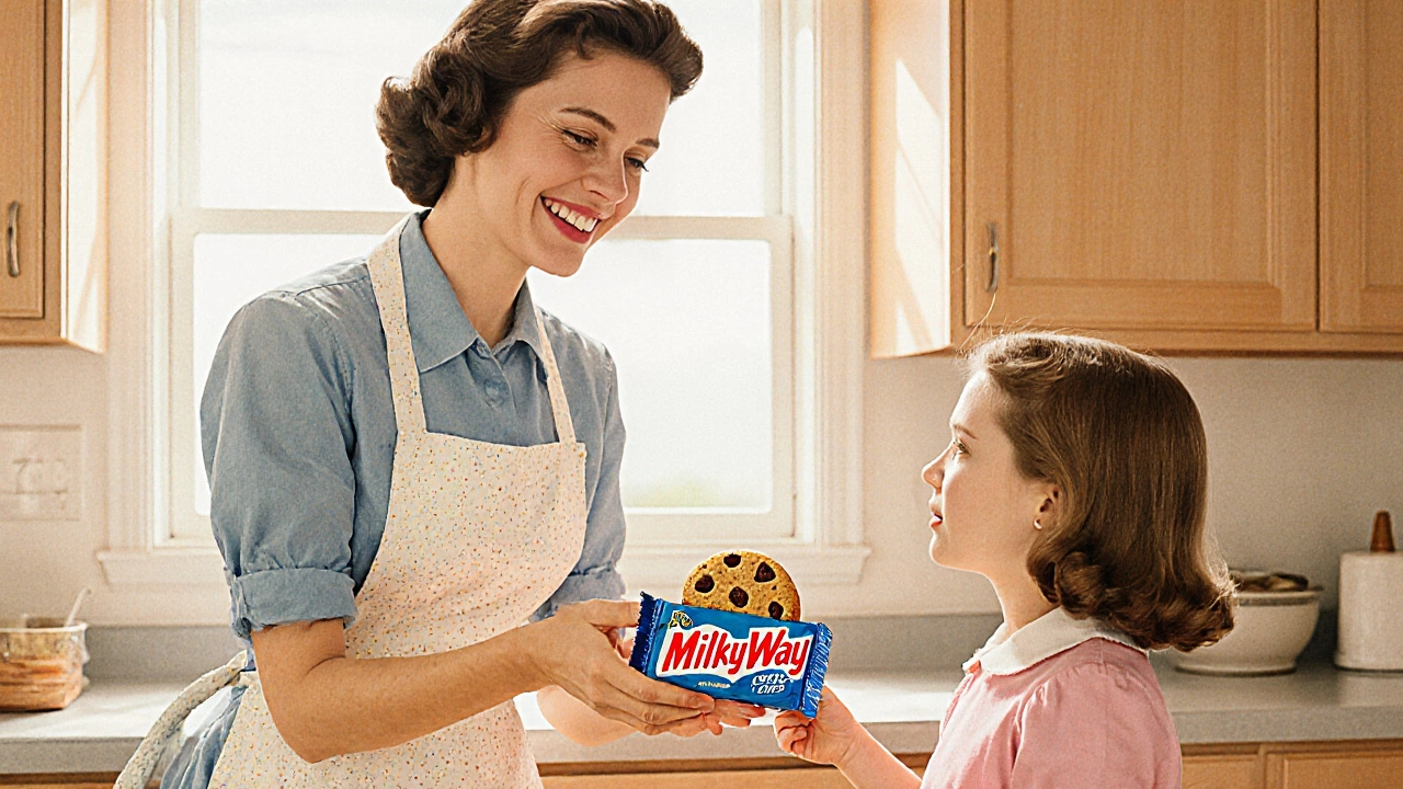A 1950s-style woman handing a cookie to a girl in a sunny kitchen, vintage advertising aesthetic.
