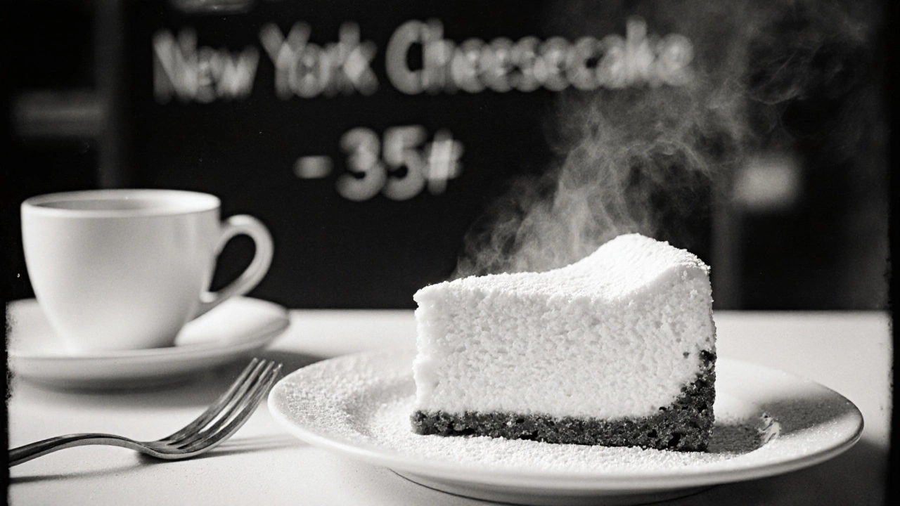 A classic slice of New York cheesecake on a plate at a 1940s diner counter with coffee and fork.