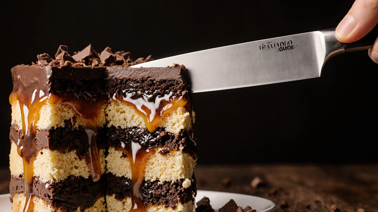 A knife cutting through a rich cake revealing multiple glossy layers of caramel and chocolate.