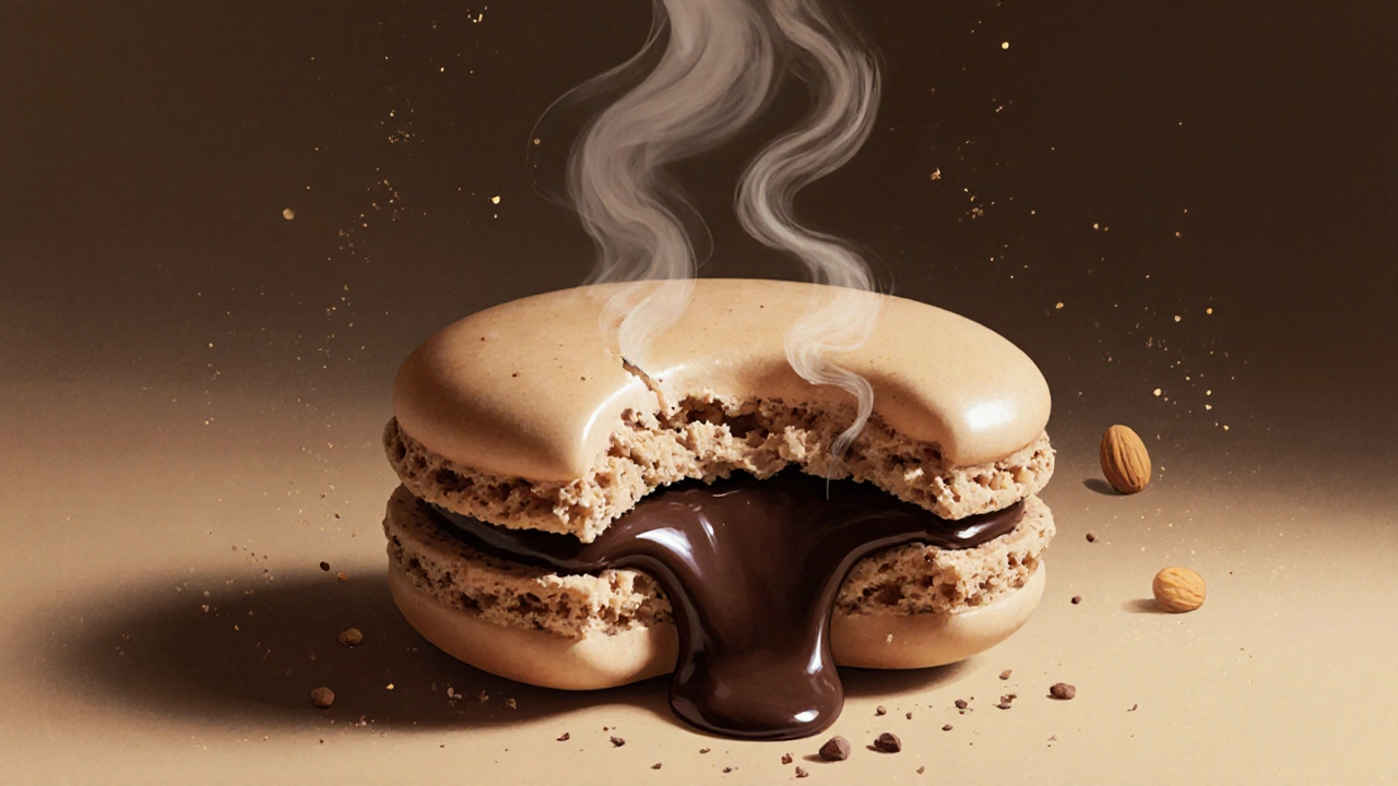 A macaron mid-bite, shell cracking to reveal melting dark chocolate ganache inside.