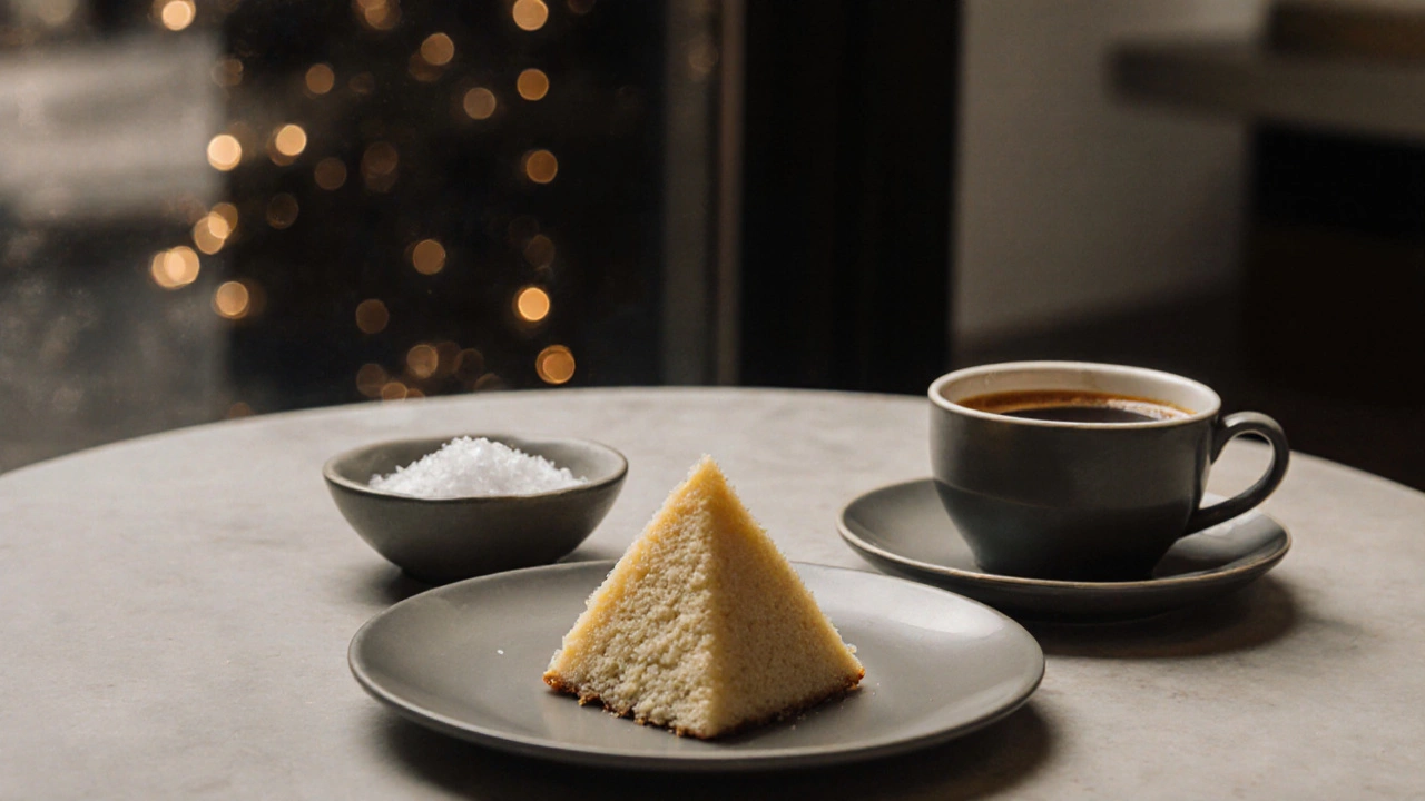 A single slice of decadent cake served with espresso on a minimalist table.