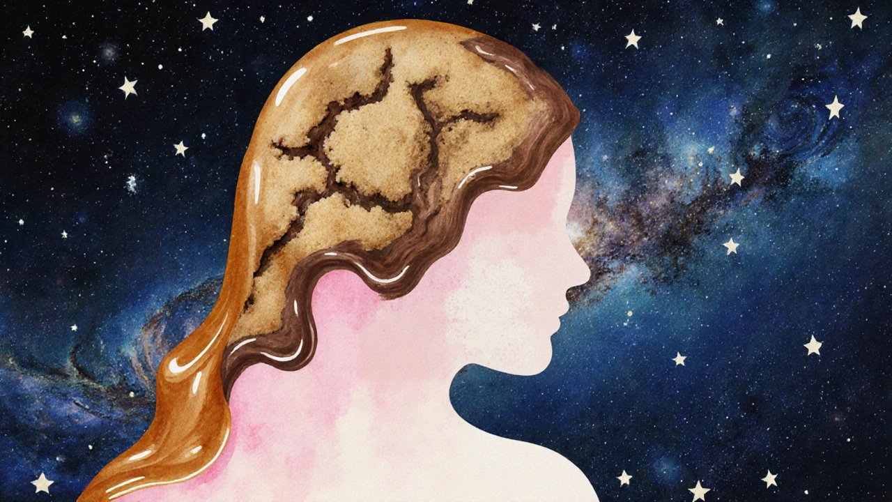 A soft female figure made of chocolate and caramel dissolving into a starry galaxy, painted in watercolor.