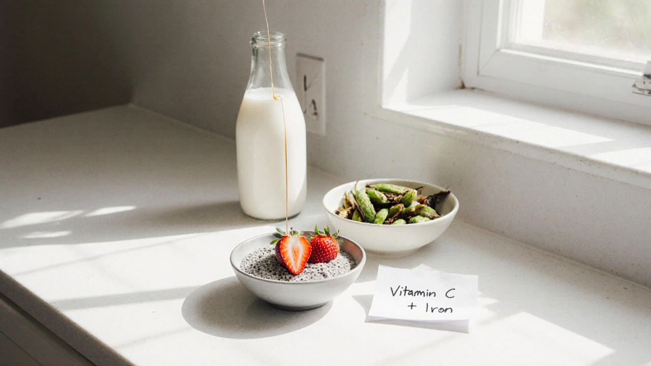 Chia pudding with strawberries and fortified soy milk on a kitchen counter