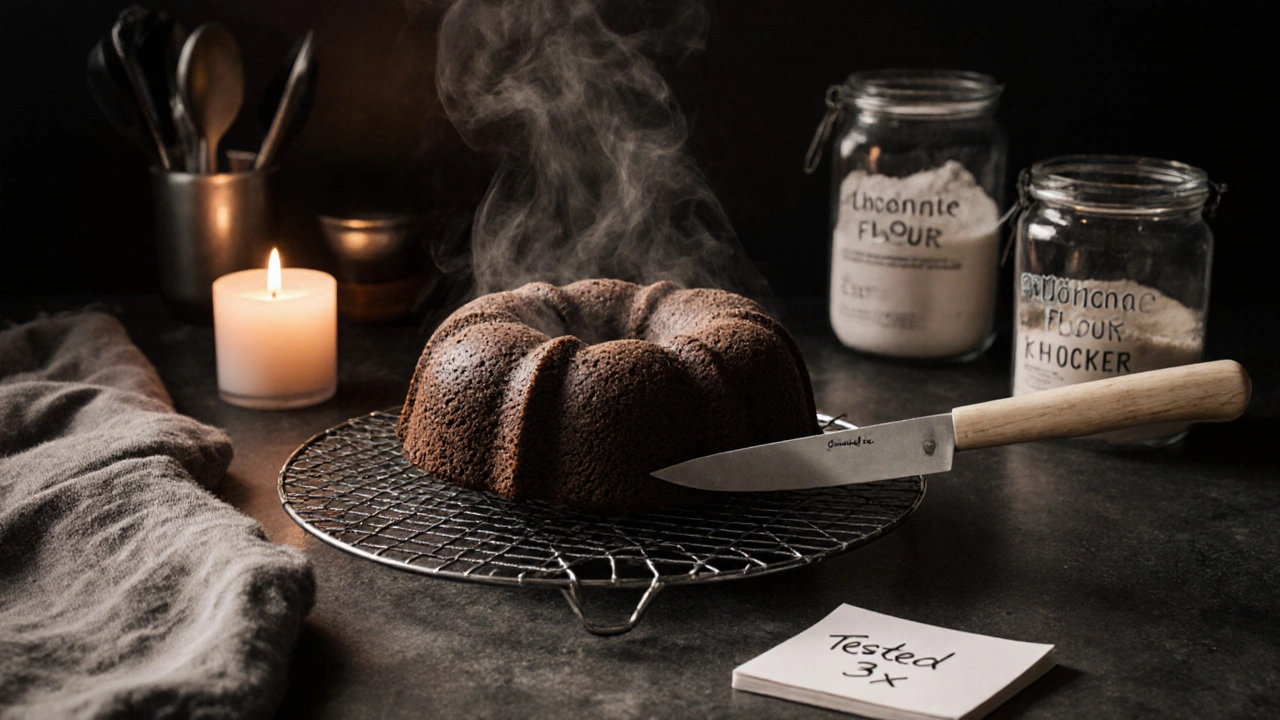 Cooling gluten-free chocolate cake on a wire rack with clean baking tools in background.