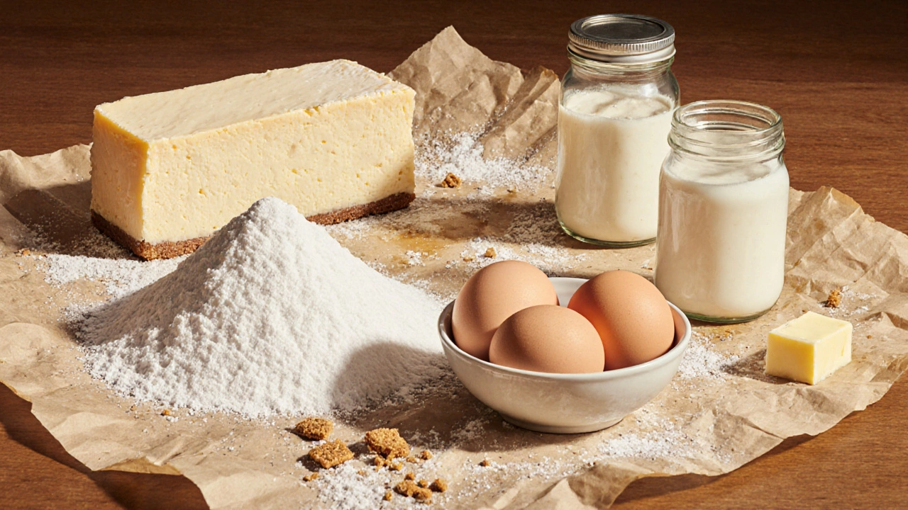 Four key ingredients for New York cheesecake: cream cheese, sugar, eggs, and sour cream arranged neatly.