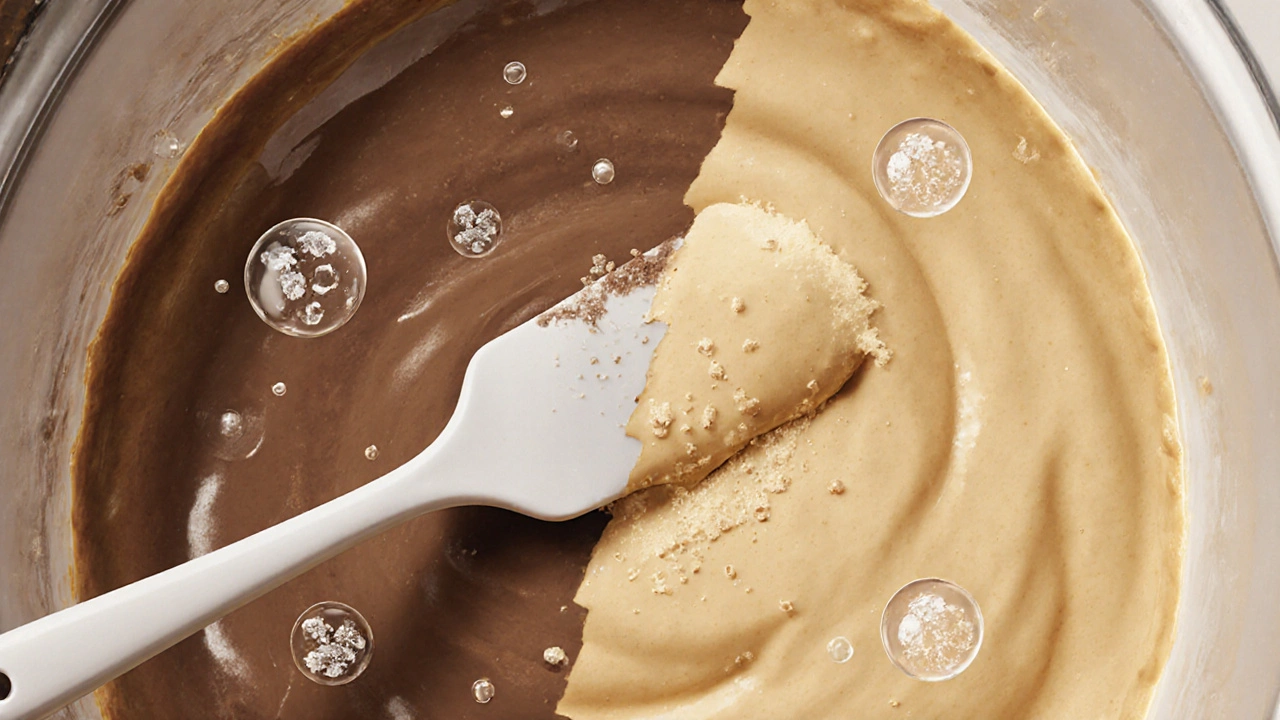 Gently folded cake batter with floating visual elements showing starch and gum particles.