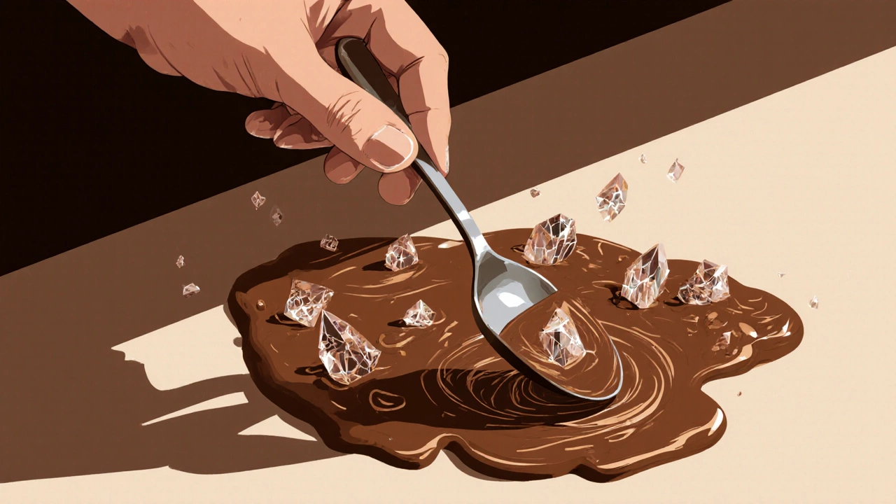 Hand hovering above cooling fudge with smooth and grainy crystal patterns